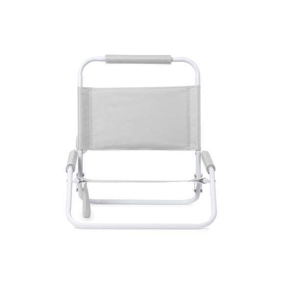 Silla plegable ligera y resistente, con estructura metálica lacada en color blanco. Respaldo y asiento en poliéster 600D, con acolchado en espuma a juego en reposabrazos y reposacabezas. Con asa de transporte a juego y disponible en variada gama de colores.