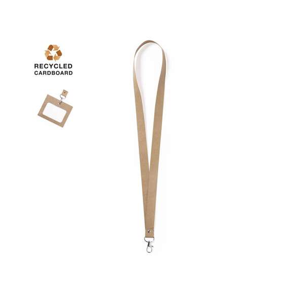 Lanyard de línea nature fabricado en resistente cartón reciclado. Con mosquetón metálico giratorio.