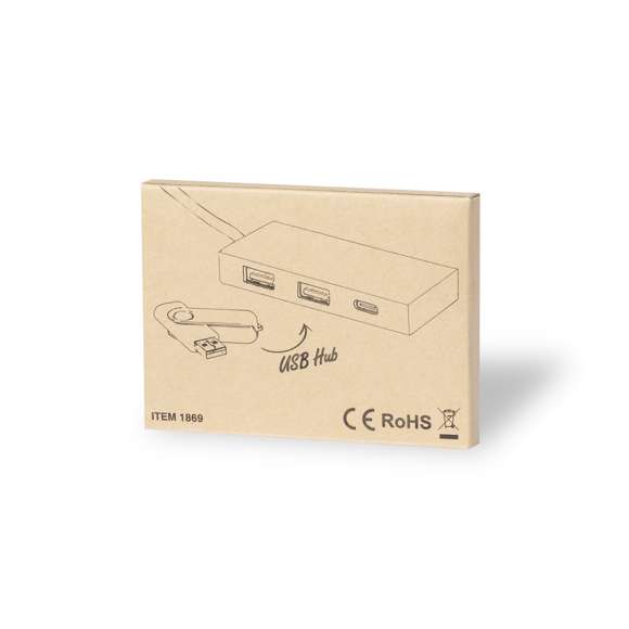 Puerto USB 2.0 fabricado en cartón reciclado. Incluye puerto Tipo C y 2 puertos USB, con entrada dual USB/Tipo C. Presentado en caja individual de diseño kraft.Fabricado conforme a estándares RoHS, con sistema de bloqueo para evitar cortocircuitos.