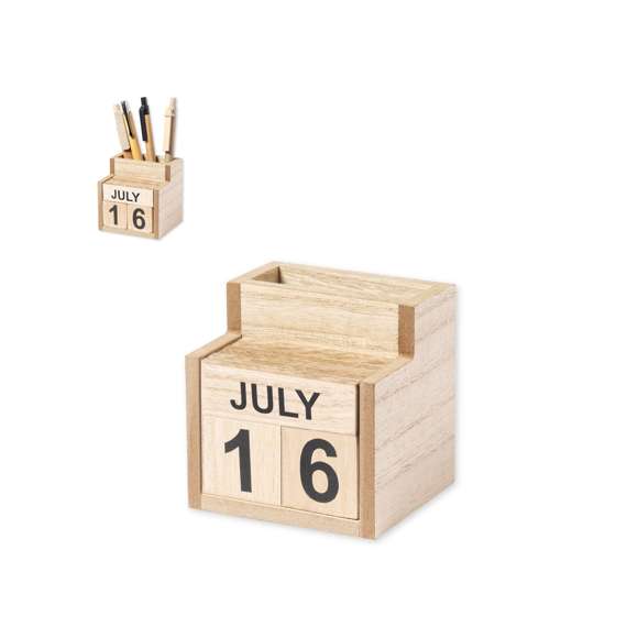 Lapicero calendario perpetuo de línea nature: ya no es necesario cambiar de calendario cada año, con el beneficio al medio ambiente que esto supone. Fabricado en MDF, con tipografía de fácil lectura. Presentado en caja individual de diseño kraft.
