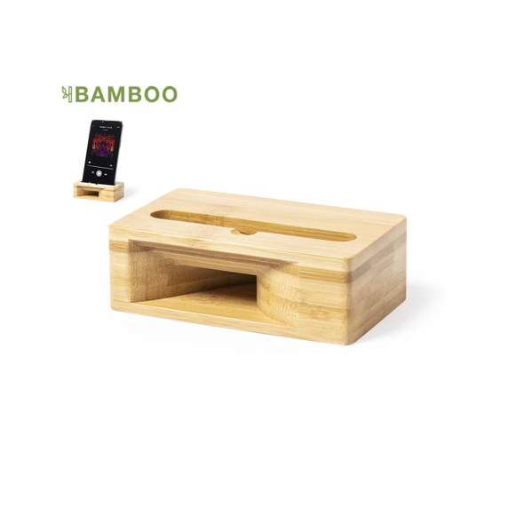 Original soporte para smartphone con amplificador de sonido. Fabricado en bambú, sacando el máximo partido a las propiedades acústicas de este material y sin necesidad de electrónica alguna. Presentado en caja individual de diseño kraft.