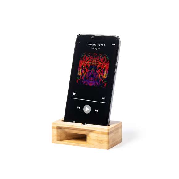 Original soporte para smartphone con amplificador de sonido. Fabricado en bambú, sacando el máximo partido a las propiedades acústicas de este material y sin necesidad de electrónica alguna. Presentado en caja individual de diseño kraft.
