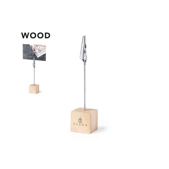 Clip de línea nature, con resistente base fabricada en madera de pino natural. Con poste y pinza metálicos para una firme sujeción de tarjetas, notas, fotos…