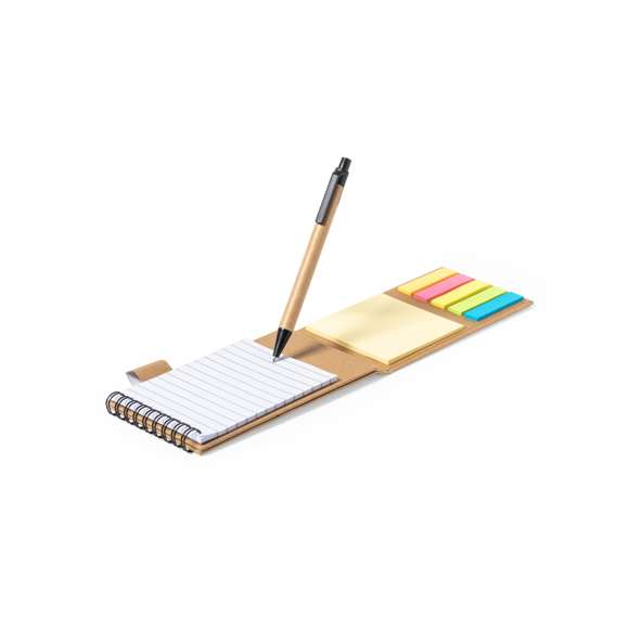 Bloc de notas de línea nature convertible en soporte para smartphone y fabricado en cartón reciclado. Incluye: Bloc de anillas de 30 hojas blancas, con disposición a una raya y soporte para bolígrafo. Bolígrafo en cartón reciclado con detalles en negro, de mecanismo pulsador y en tinta azul.25 notas adhesivas medianas.125 mininotas adhesivas en varios colores.