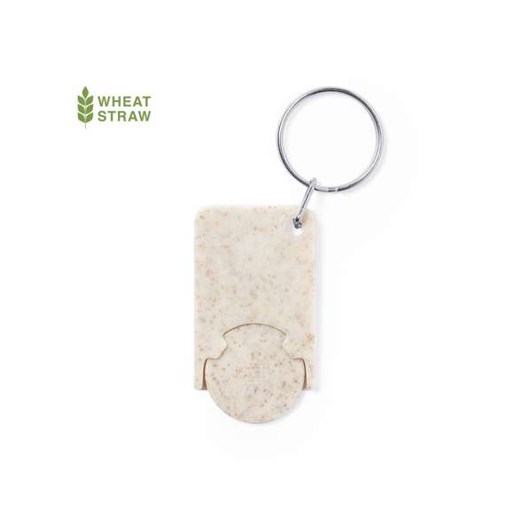 Llavero moneda de línea nature fabricado en caña de trigo. Con moneda extraíble y anilla metálica cromada.La caña de trigo fomenta la utilización de materias primas naturales, reduciendo así las emisiones contaminantes.