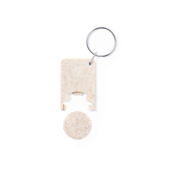 Llavero moneda de línea nature fabricado en caña de trigo. Con moneda extraíble y anilla metálica cromada.La caña de trigo fomenta la utilización de materias primas naturales, reduciendo así las emisiones contaminantes.