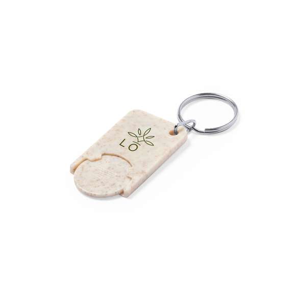 Llavero moneda de línea nature fabricado en caña de trigo. Con moneda extraíble y anilla metálica cromada.La caña de trigo fomenta la utilización de materias primas naturales, reduciendo así las emisiones contaminantes.