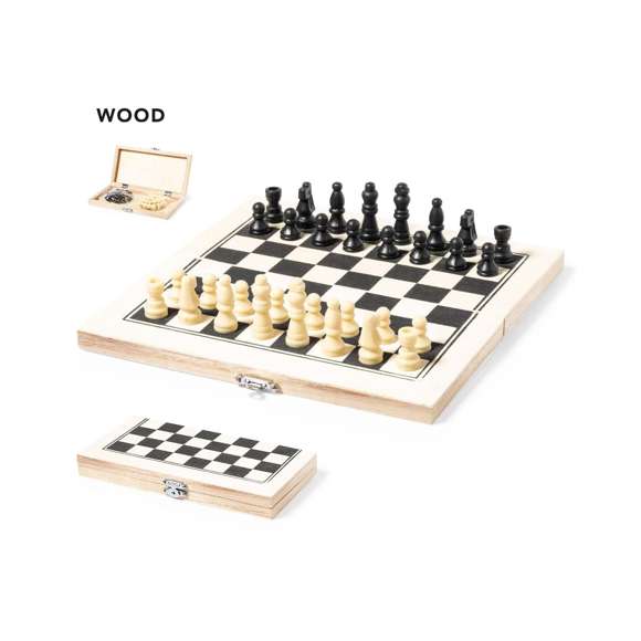 Ajedrez con tablero plegable fabricado en madera natural de pino. Bisagras y cierre metálicos, con compartimento interior para almacenar las piezas. Presentación en caja individual de diseño kraft.