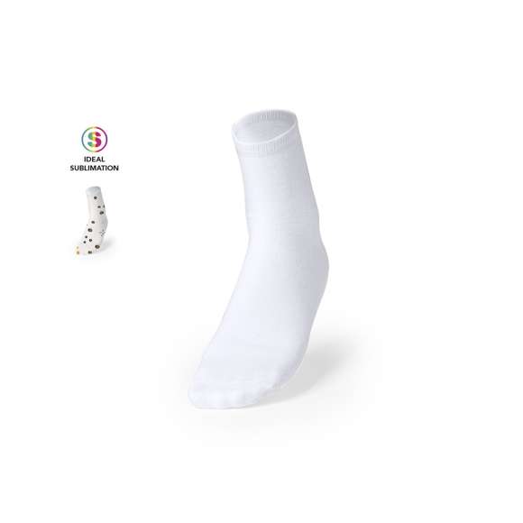Par de calcetines fabricados en poliéster blanco y especialmente diseñados para marcaje en sublimación. En talla L-XL.