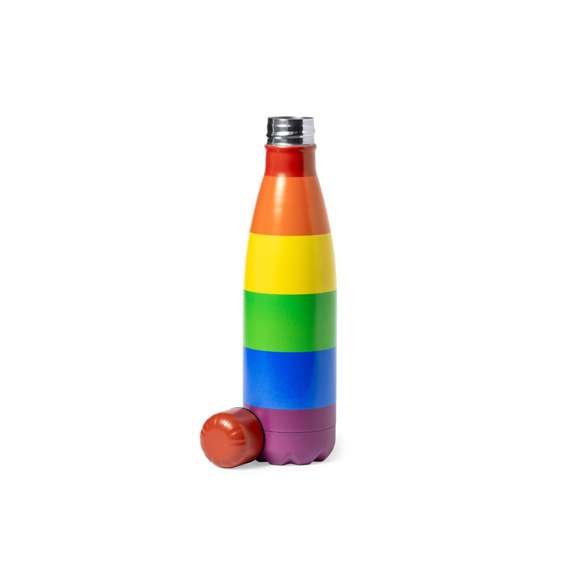 Bidón Rainbow de 790 ml de capacidad, fabricado en acero inox multicolor. Todo un orgullo de bidón, con tapón a rosca y libre de BPA. Presentado en caja individual de diseño kraft.