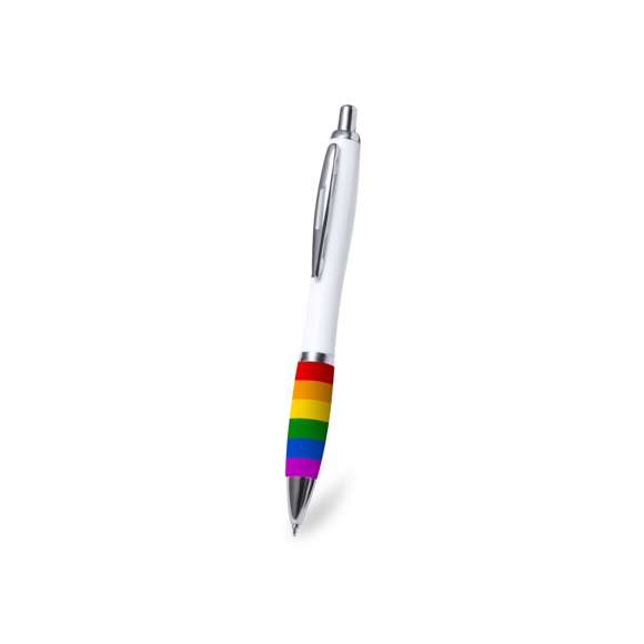 Bolígrafo Rainbow, con empuñadura multicolor y cuerpo en acabado blanco. De mecanismo pulsador, con clip metálico y accesorios cromados. Todo un orgullo de bolígrafo, en tinta azul.