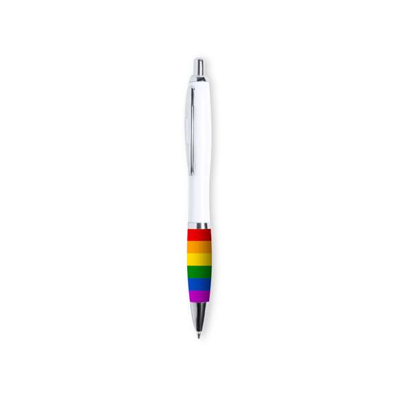 Bolígrafo Rainbow, con empuñadura multicolor y cuerpo en acabado blanco. De mecanismo pulsador, con clip metálico y accesorios cromados. Todo un orgullo de bolígrafo, en tinta azul.