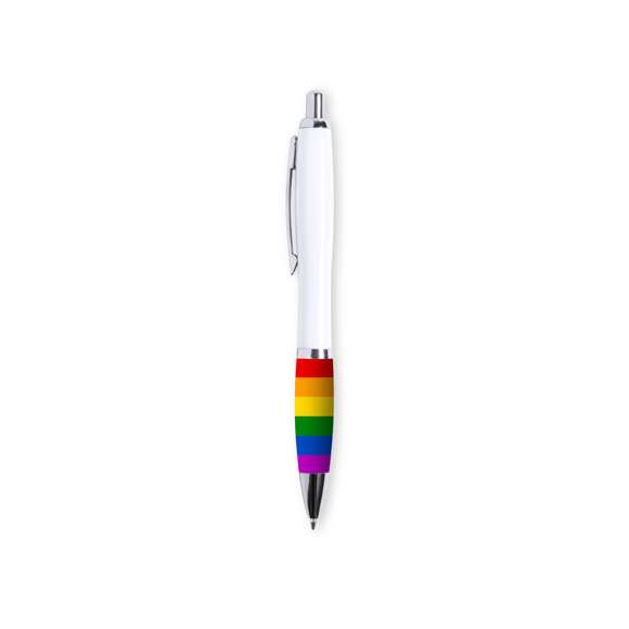 Bolígrafo Rainbow, con empuñadura multicolor y cuerpo en acabado blanco. De mecanismo pulsador, con clip metálico y accesorios cromados. Todo un orgullo de bolígrafo, en tinta azul.