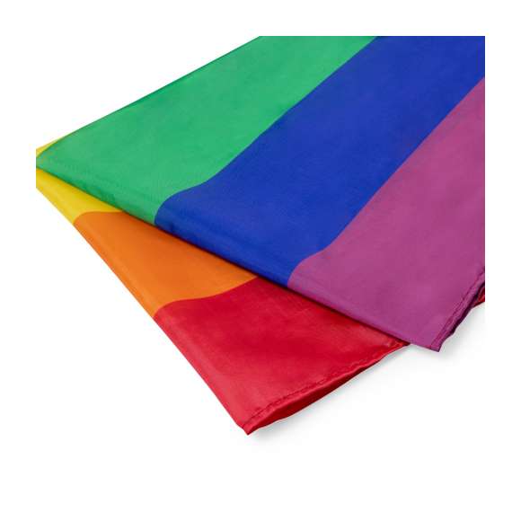 Bandera Rainbow con tela multicolor en resistente poliéster y cintas de sujeción. Todo un orgullo de bandera.