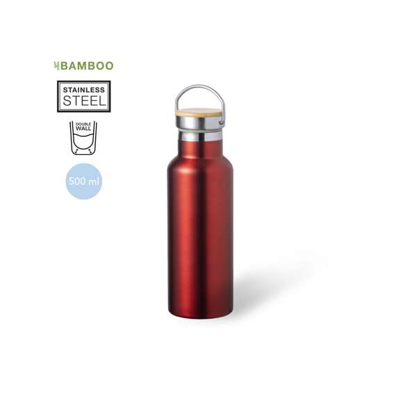 Bidón térmico de 500 ml de capacidad, fabricado en acero inox de doble pared. Incluye original tapón a rosca en acero inox, con detalle de bambú y asa integrada. Disponible en variada gama de colores y presentado en caja individual de diseño kraft.