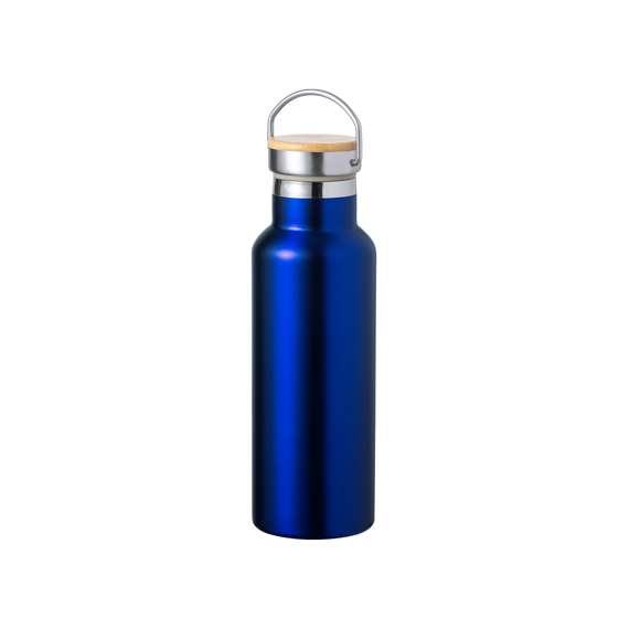 Bidón térmico de 500 ml de capacidad, fabricado en acero inox de doble pared. Incluye original tapón a rosca en acero inox, con detalle de bambú y asa integrada. Disponible en variada gama de colores y presentado en caja individual de diseño kraft.
