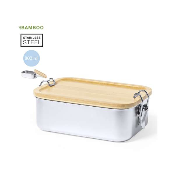 Fiambrera de 800 ml de capacidad, fabricada en acero inox. Con tapa hermética en bambú y libre de BPA. Presentada en caja individual de diseño kraft.