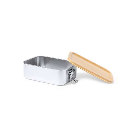 Fiambrera de 800 ml de capacidad, fabricada en acero inox. Con tapa hermética en bambú y libre de BPA. Presentada en caja individual de diseño kraft.