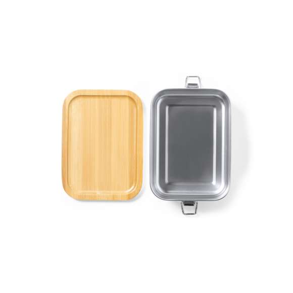 Fiambrera de 800 ml de capacidad, fabricada en acero inox. Con tapa hermética en bambú y libre de BPA. Presentada en caja individual de diseño kraft.