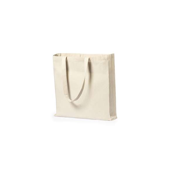 Bolsa fabricada en algodón 100%, de acabado natural y en 220g/m2. De acabado cosido, con fuelle en base y asas medianas reforzadas (60 x 2,5 cm). Resistencia hasta 10 kg de peso.