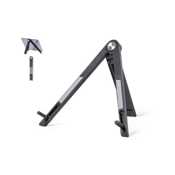 Original soporte plegable para dispositivos móviles y ordenador portátil de hasta 13", fabricado en resistente material ABS. Con dos posiciones de visionado y plegado de pequeño tamaño para un fácil transporte.