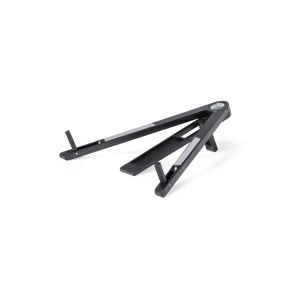 Original soporte plegable para dispositivos móviles y ordenador portátil de hasta 13", fabricado en resistente material ABS. Con dos posiciones de visionado y plegado de pequeño tamaño para un fácil transporte.