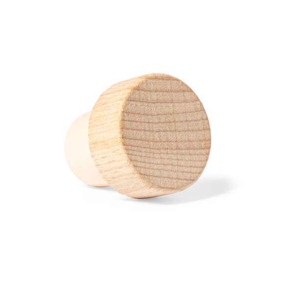 Tapón reutilizable para botella, con parte superior en madera natural y parte inferior hermética.