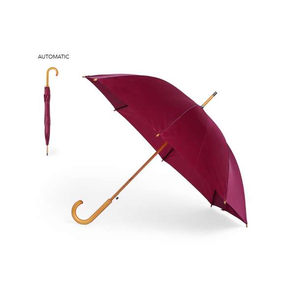 Paraguas de 8 paneles y 105 cm de diámetro, en resistente material poliéster 190T. De apertura automática, con mango curvado y caña, ambos en madera. Varillas metálicas en color negro, tira con cierre de velcro y disponible en variada gama de colores.