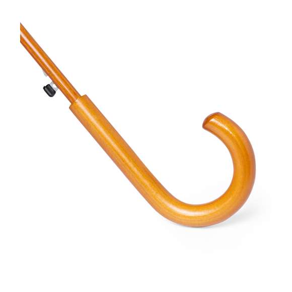 Paraguas de 8 paneles y 105 cm de diámetro, en resistente material poliéster 190T. De apertura automática, con mango curvado y caña, ambos en madera. Varillas metálicas en color negro, tira con cierre de velcro y disponible en variada gama de colores.