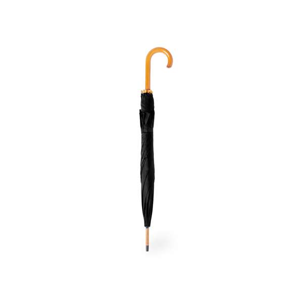 Paraguas de 8 paneles y 105 cm de diámetro, en resistente material poliéster 190T. De apertura automática, con mango curvado y caña, ambos en madera. Varillas metálicas en color negro, tira con cierre de velcro y disponible en variada gama de colores.