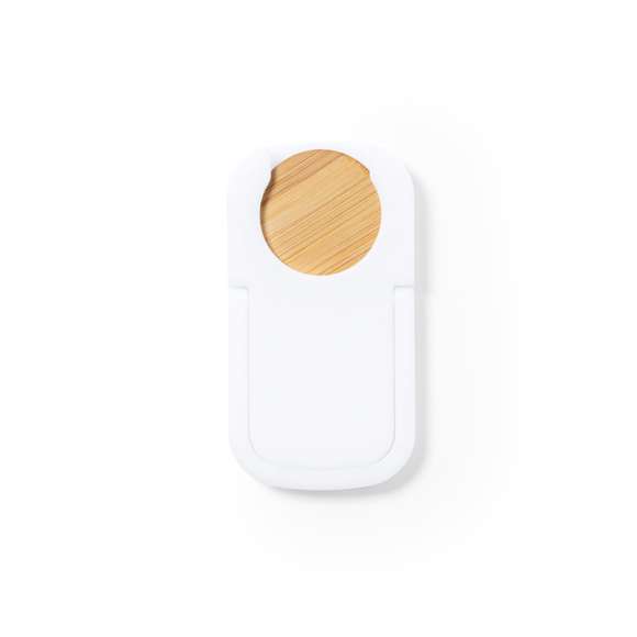 Soporte multifunción para smartphone, con moneda para carro de la compra integrada y anilla/soporte plegable. Cuerpo fabricado en resistente ABS de acabado blanco, con moneda en bambú. Con adhesivo de fijación extra fuerte y libre de residuos al despegarlo del dispositivo.
