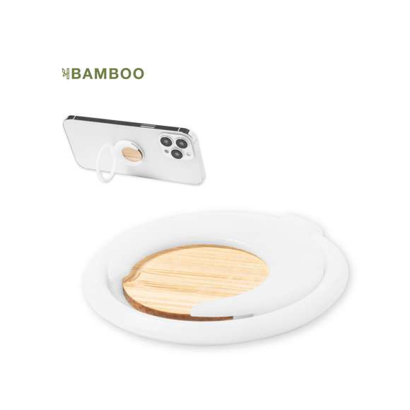 Soporte multifunción para smartphone, con moneda para carro de la compra integrada y anilla/soporte plegable. Cuerpo fabricado en resistente ABS de acabado blanco, con moneda en bambú. Con adhesivo de fijación extra fuerte y libre de residuos al despegarlo del dispositivo.