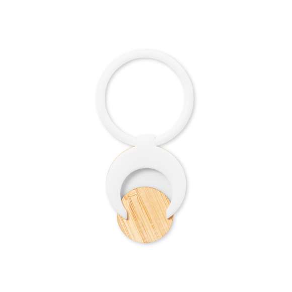 Soporte multifunción para smartphone, con moneda para carro de la compra integrada y anilla/soporte plegable. Cuerpo fabricado en resistente ABS de acabado blanco, con moneda en bambú. Con adhesivo de fijación extra fuerte y libre de residuos al despegarlo del dispositivo.