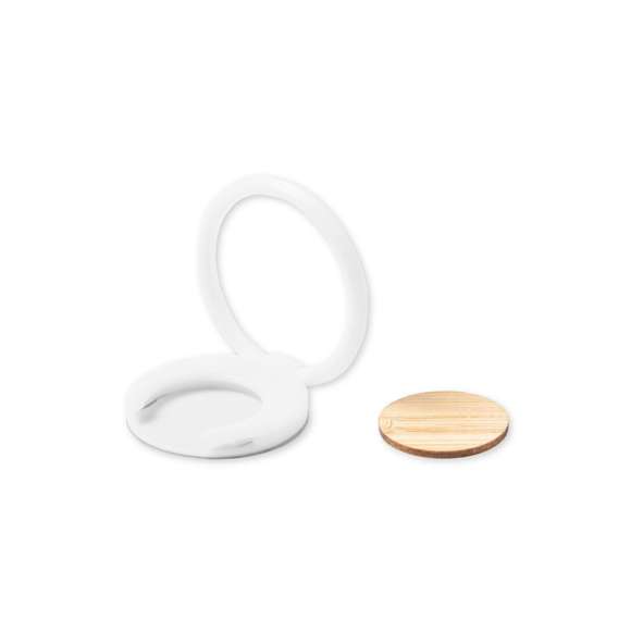 Soporte multifunción para smartphone, con moneda para carro de la compra integrada y anilla/soporte plegable. Cuerpo fabricado en resistente ABS de acabado blanco, con moneda en bambú. Con adhesivo de fijación extra fuerte y libre de residuos al despegarlo del dispositivo.