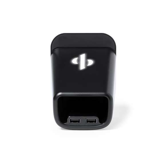 Lapicero multifunción con luz, especialmente diseñado para marcaje en láser e iluminar el logotipo.Con soporte para smartphone y cargador inalámbrico 15W integrado, compatible con dispositivos equipados con tecnología de carga inalámbrica Qi. Incluye 2 salidas USB (5V DC 2A)y cable de carga Tipo C de 150 cm. Base antideslizante y presentado en caja individual de diseño kraft, con manual de instrucciones en español e inglés.Fabricado conforme a los estándares RoHS y en cumplimiento con los siguientes requisitos de seguridad:Sistema de protección contra sobrecalentamiento.Sistema de protección contra sobrecarga.Sistema de bloqueo para evitar cortocircuitos.