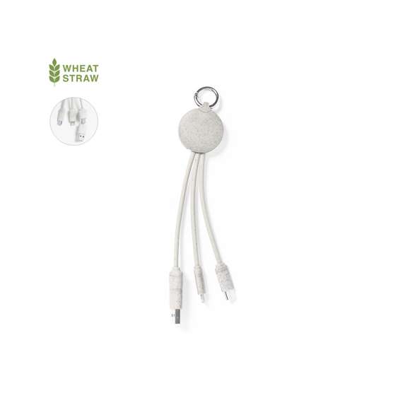 Cable cargador con anilla fabricado en caña de trigo, para así fomentar la utilización de materias primas naturales y reducir las emisiones contaminantes. Incluye conexiones de entrada Tipo C y USB  salidas Lightning, Micro USB y USB. Presentado en bolsa individual de diseño kraft.