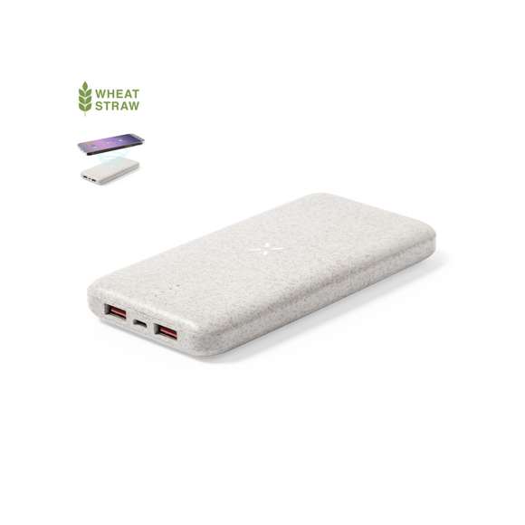 Batería auxiliar externa de 8.000 mAh, con cargador inalámbrico integrado 10W. Fabricada en caña de trigo, para así fomentar la utilización de materias primas naturales y reducir las emisiones contaminantes.2 salidas USB, con conexión Tipo C dual de entrada y salida e indicador LED de estado de carga. Compatible con dispositivos equipados con tecnología de carga inalámbrica Qi, cable de carga Tipo C incluido. Presentado en caja individual de diseño kraft, con manual de instrucciones en español e inglés. Entrada/Salida USB C: 5-12V DC 3-1.5V, PD18WSalidas USB: 5-12V DC 3-1.5ALas capacidades mostradas en todas nuestras baterías auxiliares externas son reales, incorporando todas ellas baterías de grado A y no recicladas, con una vida útil de al menos 500 ciclos de carga y según normativa CE. Además, están fabricadas conforme a los estándares RoHS y en cumplimiento con los siguientes requisitos de seguridad:Sistema de protección contra sobrecarga del power bank. Sistema de protección contra descarga completa que proporciona una mayor durabilidad del power bank. Sistema de bloqueo para evitar cortocircuitos. Sistema de transferencia de carga constante, acorde con la capacidad del dispositivo de destino.
