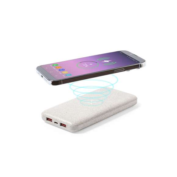 Batería auxiliar externa de 8.000 mAh, con cargador inalámbrico integrado 10W. Fabricada en caña de trigo, para así fomentar la utilización de materias primas naturales y reducir las emisiones contaminantes.2 salidas USB, con conexión Tipo C dual de entrada y salida e indicador LED de estado de carga. Compatible con dispositivos equipados con tecnología de carga inalámbrica Qi, cable de carga Tipo C incluido. Presentado en caja individual de diseño kraft, con manual de instrucciones en español e inglés. Entrada/Salida USB C: 5-12V DC 3-1.5V, PD18WSalidas USB: 5-12V DC 3-1.5ALas capacidades mostradas en todas nuestras baterías auxiliares externas son reales, incorporando todas ellas baterías de grado A y no recicladas, con una vida útil de al menos 500 ciclos de carga y según normativa CE. Además, están fabricadas conforme a los estándares RoHS y en cumplimiento con los siguientes requisitos de seguridad:Sistema de protección contra sobrecarga del power bank. Sistema de protección contra descarga completa que proporciona una mayor durabilidad del power bank. Sistema de bloqueo para evitar cortocircuitos. Sistema de transferencia de carga constante, acorde con la capacidad del dispositivo de destino.