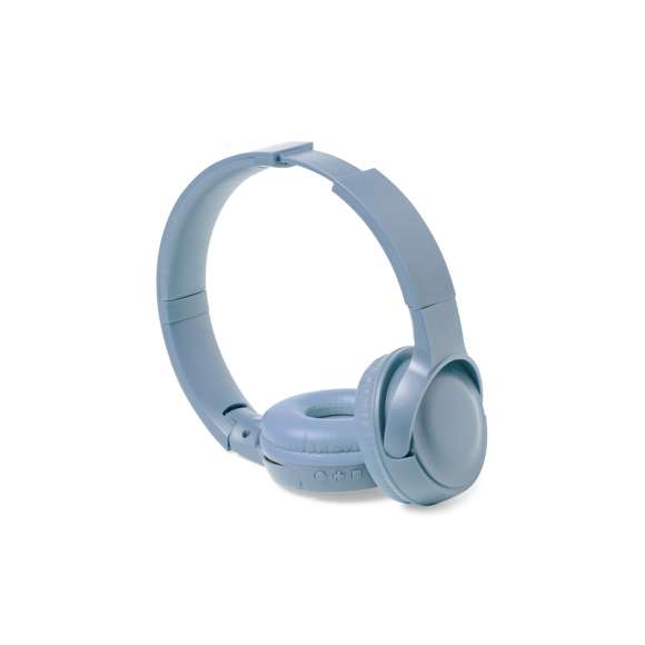Auriculares plegables de diadema con conexión Bluetooth® 5.0, con cuerpo y almohadillas a juego, disponibles en variada gama de colores. Panel de control integrado en el auricular, función manos libres y radio FM  con ranura para tarjetas micro SD y entrada de línea mediante conexión jack de 3,5 mm. Recargables mediante cable USB -incluido- y con batería integrada de 200mAh. Almohadillas en suave polipiel con interior a juego y presentados caja individual de diseño kraft.