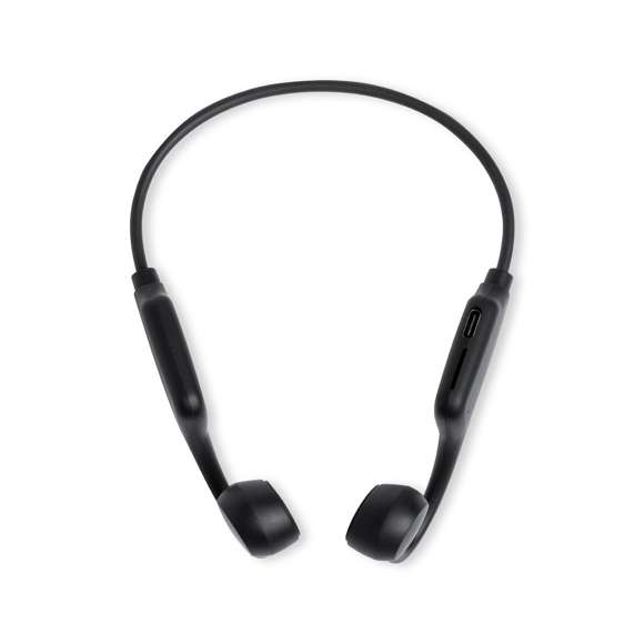 Auriculares supraurales Bluetooth®. Con Tecnología de Conducción Ósea (Bone Conduction Technology), que generan una vibración captada por los huesos del oído interno. Mediante esta tecnología, el pabellón auditivo y los tímpanos del usuario quedan libres, percibiéndose tanto el contenido que se está reproduciendo a través de los auriculares como el resto de sonidos ambiente de alrededor.Conexión Bluetooth® 5.3, con función manos libres, ranura para tarjetas micro SD y batería de 250 mAh integrada. De diseño ergonómico, incluyen botones de control integrados, luz LED de estado de carga y cable de carga Tipo C. Presentados en caja individual de diseño kraft, con manual de instrucciones en español e inglés.