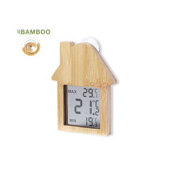 Estación meteorológica fabricada en bambú y con fijación por ventosa. Pantalla LCD de fácil lectura con termómetro, registro de temperaturas máximas/mínima, y reloj. Alimentación con pila (de botón incluida). Presentada en caja individual de diseño kraft, con manual de instrucciones en español e inglés.