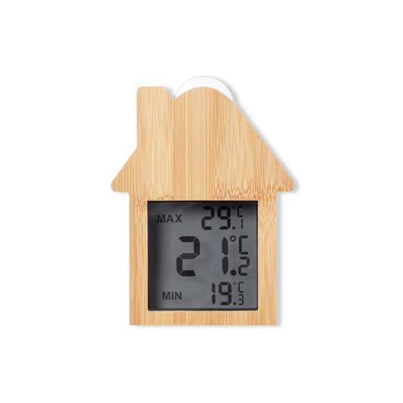Estación meteorológica fabricada en bambú y con fijación por ventosa. Pantalla LCD de fácil lectura con termómetro, registro de temperaturas máximas/mínima, y reloj. Alimentación con pila (de botón incluida). Presentada en caja individual de diseño kraft, con manual de instrucciones en español e inglés.