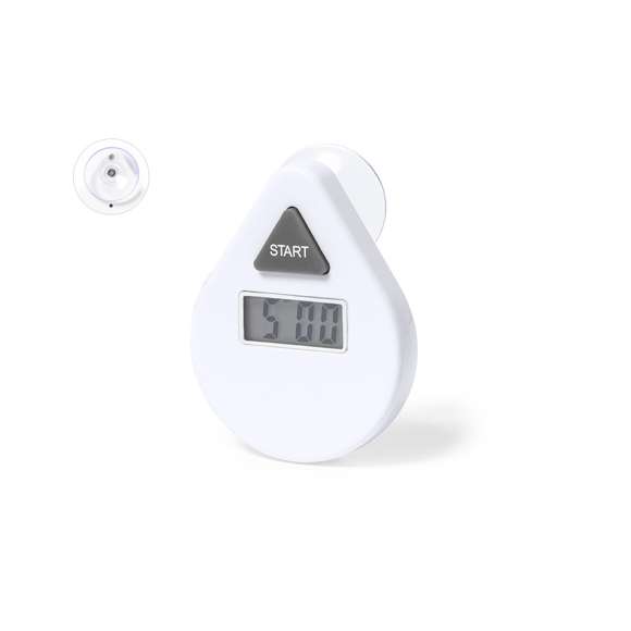 Temporizador fabricado en resistente ABS de acabado blanco y con fijación por ventosa. Pantalla LCD de fácil lectura, con botón de control de cuenta atrás (5 minutos). Alimentación con pila (de botón incluida). Presentada en caja individual de diseño kraft, con manual de instrucciones en español e inglés.