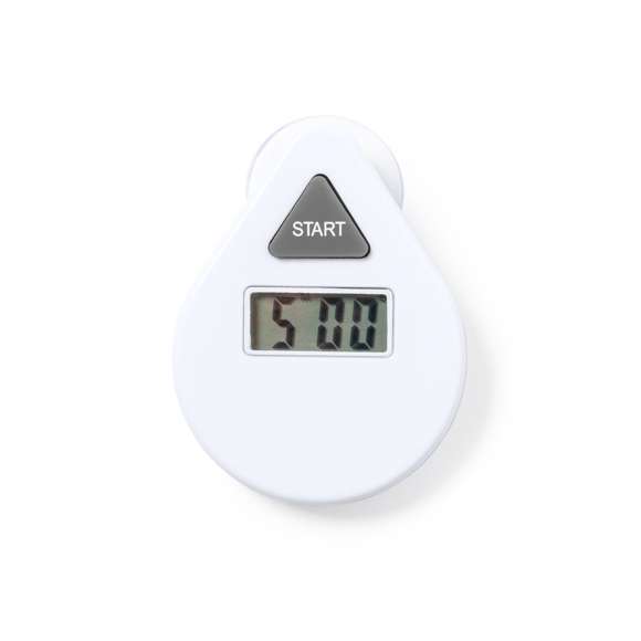 Temporizador fabricado en resistente ABS de acabado blanco y con fijación por ventosa. Pantalla LCD de fácil lectura, con botón de control de cuenta atrás (5 minutos). Alimentación con pila (de botón incluida). Presentada en caja individual de diseño kraft, con manual de instrucciones en español e inglés.