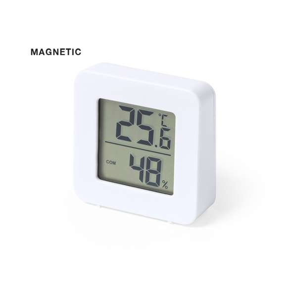 Estación meteorológica fabricada en resistente ABS de acabado blanco. Pantalla LCD de fácil lectura con termómetro y medidor de humedad. Fijación magnética y alimentación con pila (de botón incluida, con film protector). Presentada en caja individual de diseño kraft, con manual de instrucciones en español e inglés.