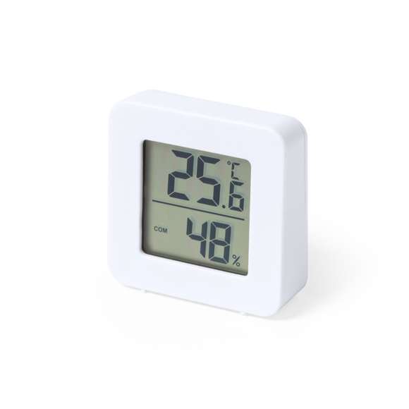 Estación meteorológica fabricada en resistente ABS de acabado blanco. Pantalla LCD de fácil lectura con termómetro y medidor de humedad. Fijación magnética y alimentación con pila (de botón incluida, con film protector). Presentada en caja individual de diseño kraft, con manual de instrucciones en español e inglés.