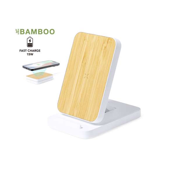 Cargador inalámbrico plegable 15W. Con base fabricada en resistente ABS de color blanco y superficie de carga en bambú, con soporte telescópico integrado. Compatible con dispositivos equipados con tecnología de carga inalámbrica Qi, con cable de carga Tipo C incluido. Presentado en caja individual de diseño kraft, con manual de instrucciones en español e inglés.  Fabricado conforme a los estándares RoHS y en cumplimiento con los siguientes requisitos de seguridad:  Sistema de protección contra sobrecalentamiento. Sistema de protección contra sobrecarga. Sistema de bloqueo para evitar cortocircuitos.