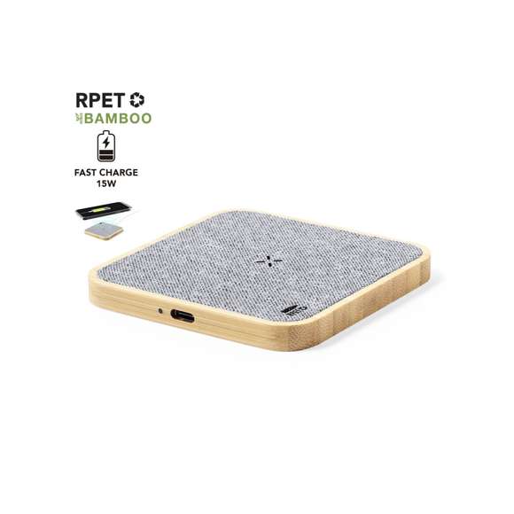 Cargador inalámbrico 15W de diseño rectangular. Fabricado en bambú y poliéster RPET, elaborado a partir de plástico reciclado, para así fomentar la reutilización de residuos plásticos y ayudar a la sostenibilidad del planeta. Compatible con dispositivos equipados con tecnología de carga inalámbrica Qi. Incluye cable cargador Tipo C y manual de instrucciones en español e inglés. Con distintivo RPET y presentado en caja individual de diseño kraft.Fabricado conforme a los estándares RoHS y en cumplimiento con los siguientes requisitos de seguridad:Sistema de protección contra sobrecalentamiento.Sistema de protección contra sobrecarga.Sistema de bloqueo para evitar cortocircuitos.