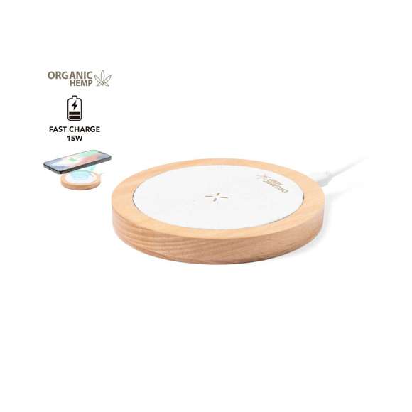 Cargador inalámbrico de 15W, con carcasa fabricada en combinación de cáñamo orgánico y madera natural. Compatible con dispositivos equipados con tecnología de carga inalámbrica Qi. Incluye cable cargador Tipo C y manual de instrucciones en español e inglés. Presentado en caja individual de diseño kraft.El cáñamo se obtiene de la planta cannabis, cuyos procesos tanto de cultivo como de obtención de fibras, son respetuosos con el medio ambiente, dando como resultado un material de gran resistencia, de origen natural y sostenible. Fabricado conforme a los estándares RoHS y en cumplimiento con los siguientes requisitos de seguridad:Sistema de protección contra sobrecalentamiento.Sistema de protección contra sobrecarga.Sistema de bloqueo para evitar cortocircuitos.