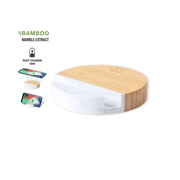 Cargador inalámbrico 15W con soporte para smartphone integrado. De diseño circular y fabricado en materiales naturales: base en bambú, con soporte en extracto de mármol. Compatible con dispositivos equipados con tecnología de carga inalámbrica Qi. Incluye cable cargador Tipo C y manual de instrucciones en español e inglés. Presentado en caja individual de diseño kraft.  Fabricado conforme a los estándares RoHS y en cumplimiento con los siguientes requisitos de seguridad:  Sistema de protección contra sobrecalentamiento. Sistema de protección contra sobrecarga. Sistema de bloqueo para evitar cortocircuitos.